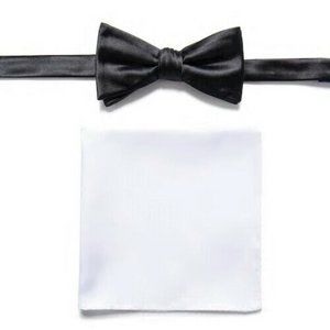 Mens Bow Tie Set Label Pin & White Pocket Square Black White Apt 9 Formal